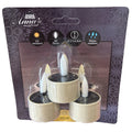 Set aus drei beige solarbetriebenen led kerzen mit 3d flammeneffekt auf dekorativer karte verpackt