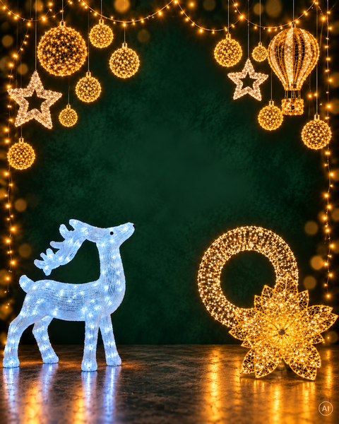 Eine leuchtende blaue LED-Rentierfigur mit Drahtgitterdesign und beleuchteter Kontur.