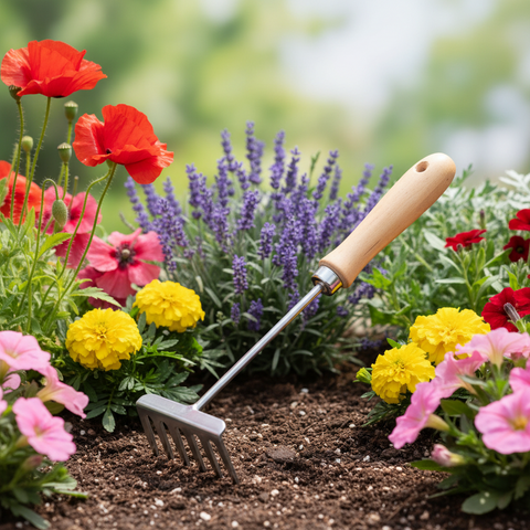 A sleek silver metal harke am holzstiel 30cm with light wooden handle in soil among red poppies and purple lavender