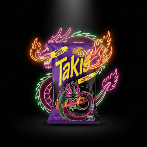 Takis dragon sweet chilli snackbeutel 90g in lila mit neondrachen grafik und würzig süßem chili geschmack