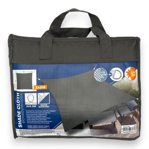 Darkgrauer wasserdichter sonnensegel 3x3m viereck aus robustem stoff in strapazierfähiger tasche mit griffen