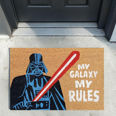 Braune coirmatte mit blau-schwarzer darth vader-silhouette und weißem my galaxy my rules-schriftzug, disney star wars fußmatte 60 cm
