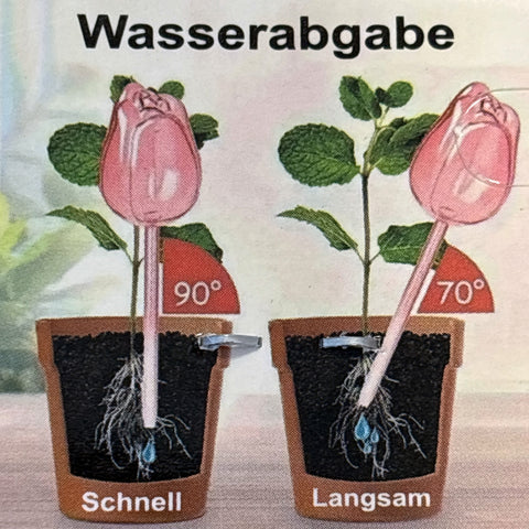 Pink glas rosenförmiges tropfbewässerungssystem tulpe 24 cm mit klarem kunststoffstiel und schnell langsam einstellung