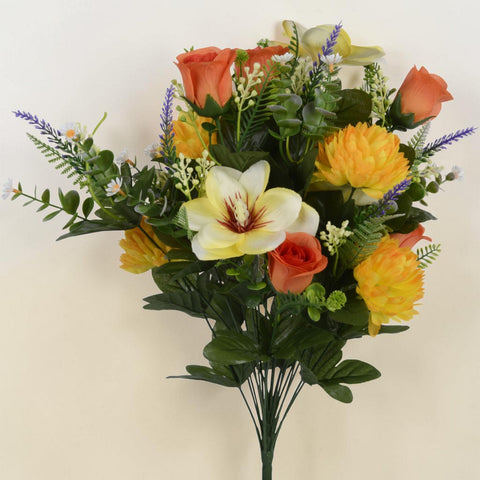 Strauß gelb mix mit lebendigem künstlichem blumenarrangement aus orangen rosen gelben chrysanthemen weißen lilien und lila lavendel